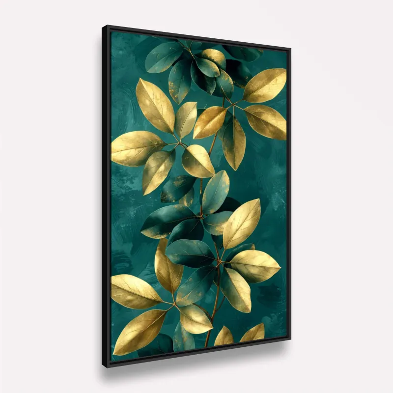 Quadro Folhagem Lindo Ramo Artístico Verde com Dourado