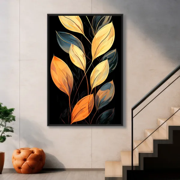 Quadro Ramo de Folhas Moderna Preto com Dourado