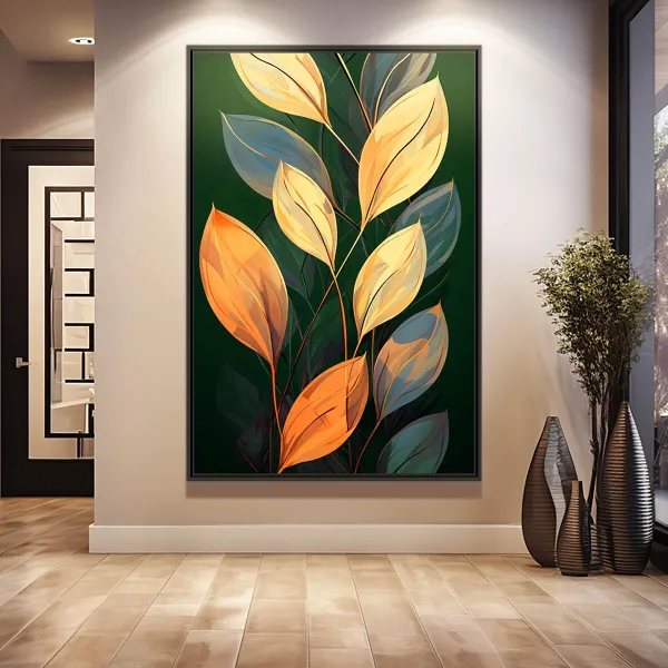 Quadro Ramo de Folhas Moderna Verde com Dourado