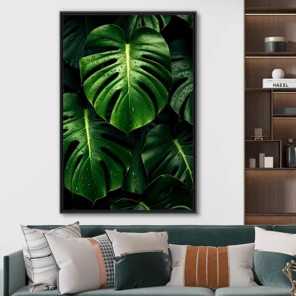 Quadros Folhas de Monstera Tropical Gotas de Chuva