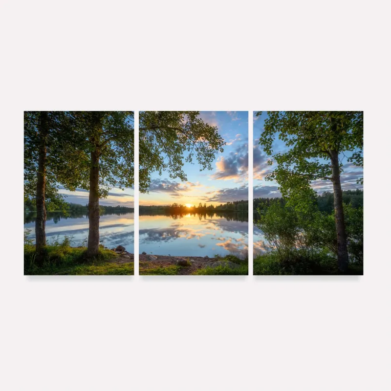 Quadro Paisagem Árvores e Lago Serenidade ao Pôr do Sol