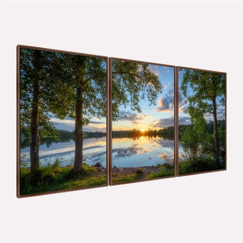 Quadro Paisagem Árvores e Lago Serenidade ao Pôr do Sol