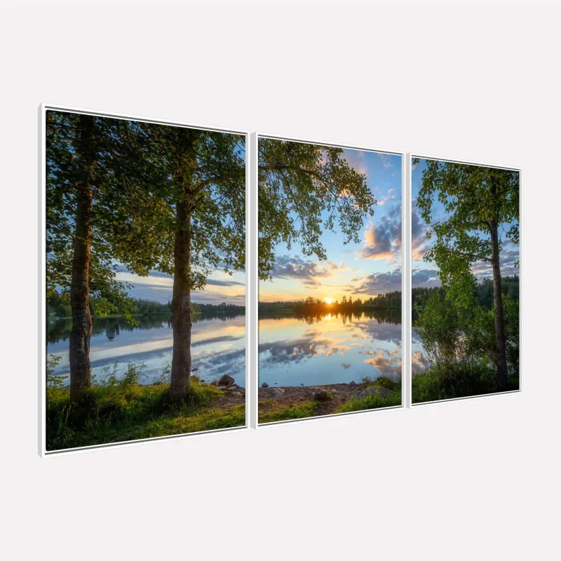 Quadro Paisagem Árvores e Lago Serenidade ao Pôr do Sol