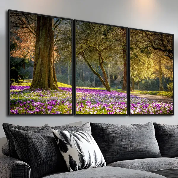 Quadro Paisagem Natureza Radiante Árvores e Flores Roxas