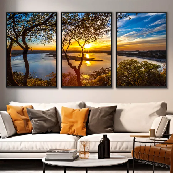Quadro decorativo Paisagem Entardecer no Lago 3 Peças