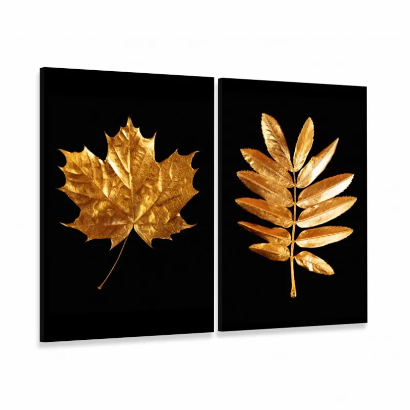 Quadros Folhas Duo Golden Black 2 Peças