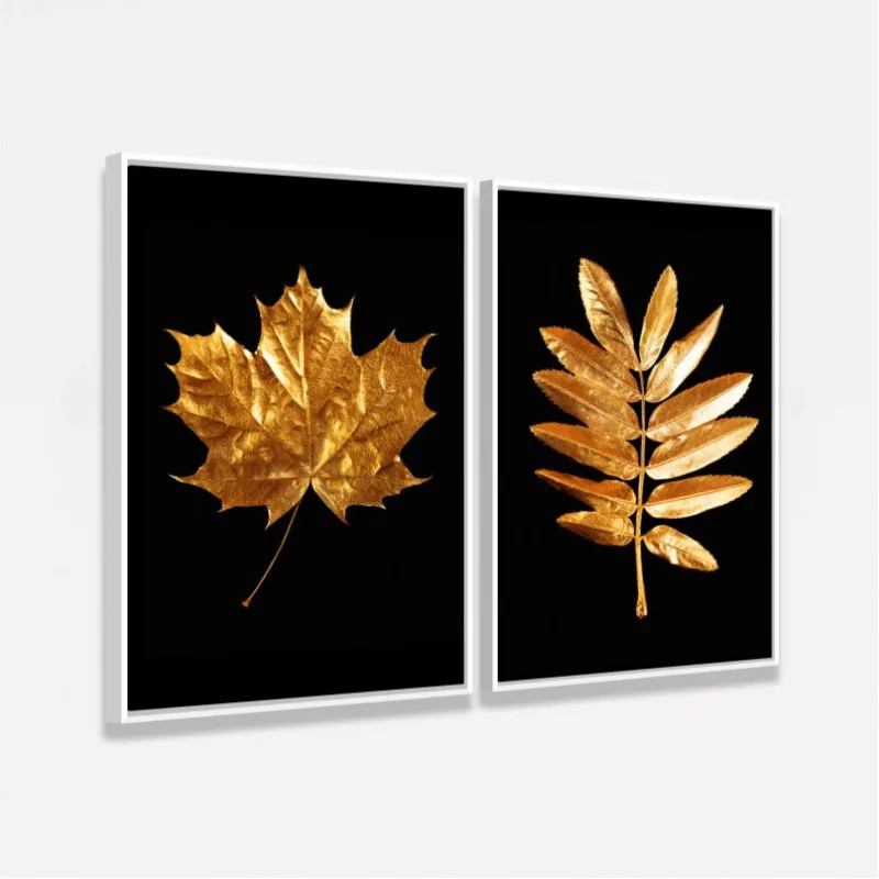 Quadros Folhas Duo Golden Black 2 Peças