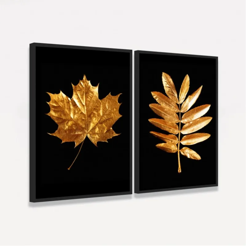 Quadros Folhas Duo Golden Black 2 Peças