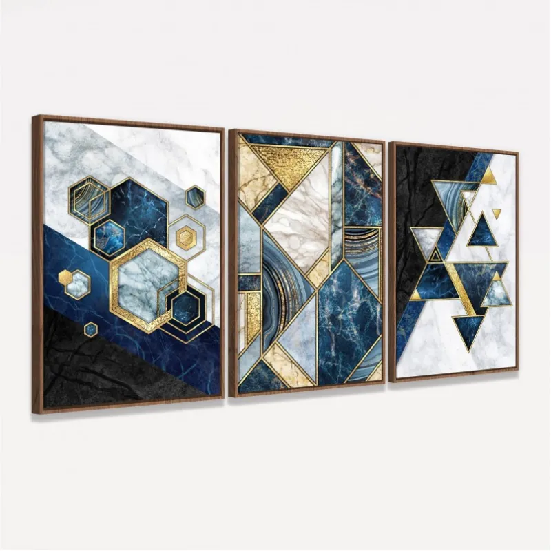 Quadro Abstrato Marmorizado Moderno Azul e Dourado