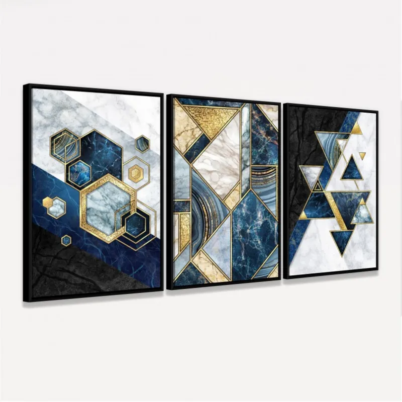 Quadro Abstrato Marmorizado Moderno Azul e Dourado