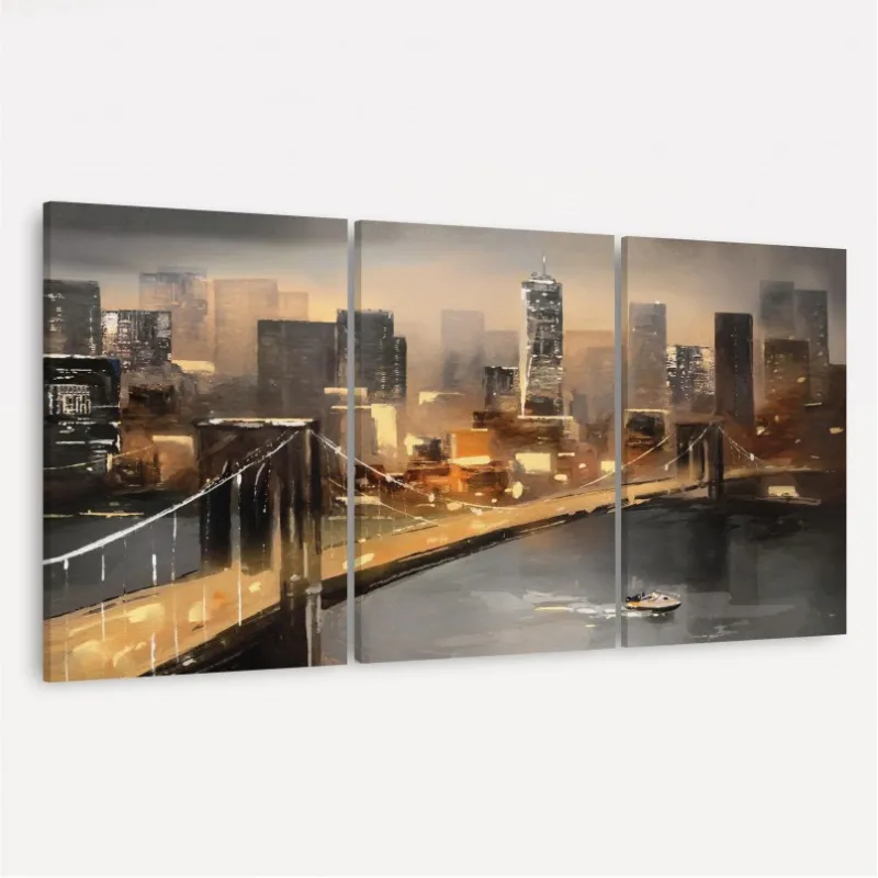 Quadro Abstrato Vista de Nova York Cidade Americana Moderna - 3 Peças