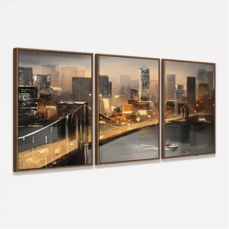 Quadro Abstrato Vista de Nova York Cidade Americana Moderna - 3 Peças