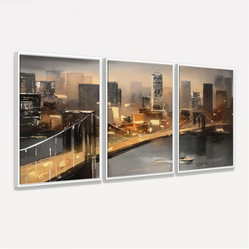 Quadro Abstrato Vista de Nova York Cidade Americana Moderna - 3 Peças