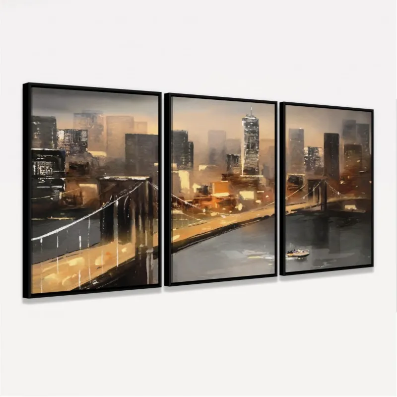 Quadro Abstrato Vista de Nova York Cidade Americana Moderna - 3 Peças