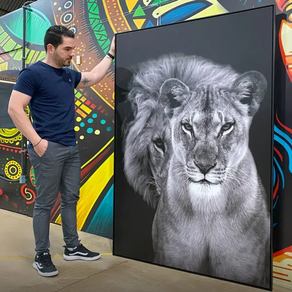 Quadro Casal de Leões Retrato P&B decorativo