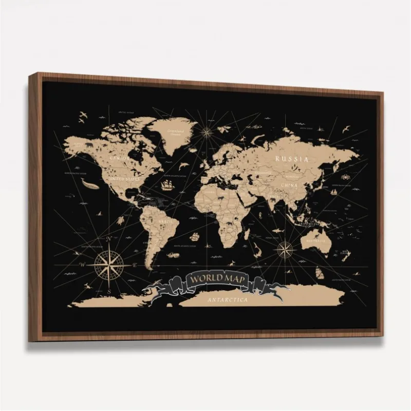 Quadro Mapa Mundi Vintage em Preto - World Map