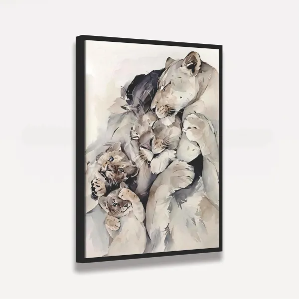 Quadro Leão Casal 2 Filhotes Amor de Família - Tela Artística