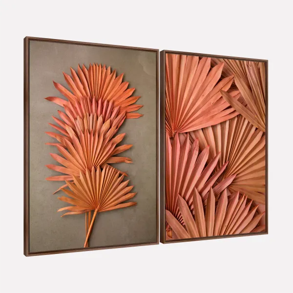 Quadro Duo Folhagem Elegante Essência Tropical em Terracota