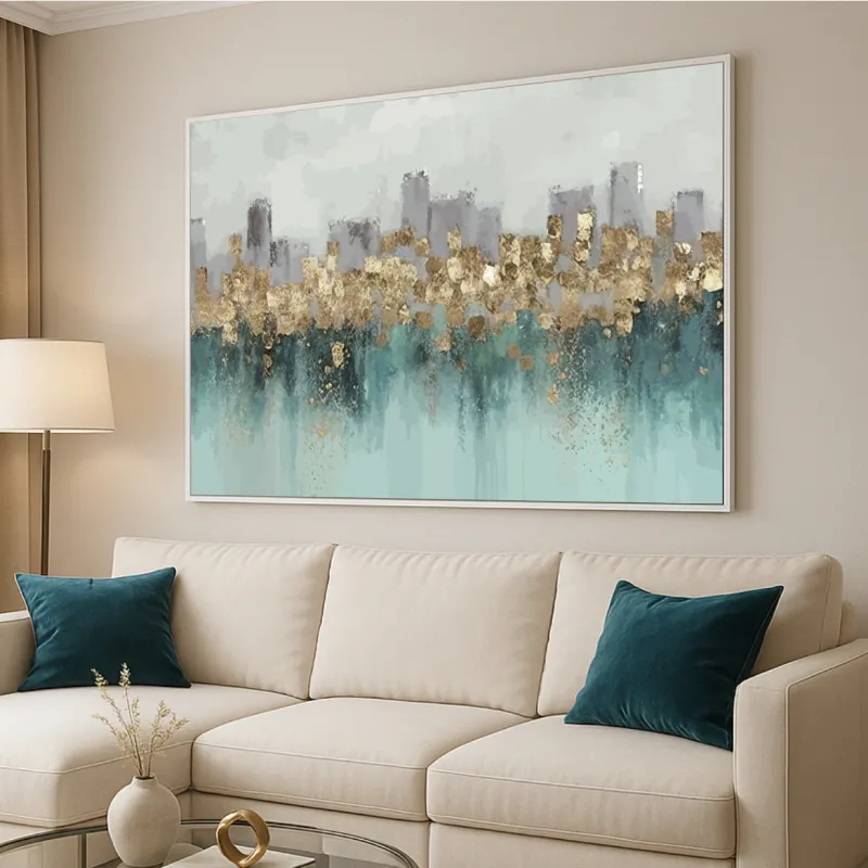 Quadro Abstrato Sofisticação Metálica Detalhes em Ouro e Azul