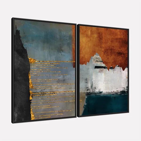 Quadro Abstrato Composição Moderna Cores Intensas Bronze e Azul