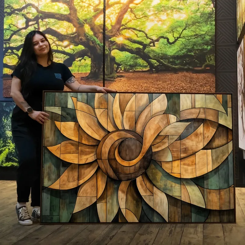 Quadro Abstrato Mandala de Girassol Ancestral Wood effect