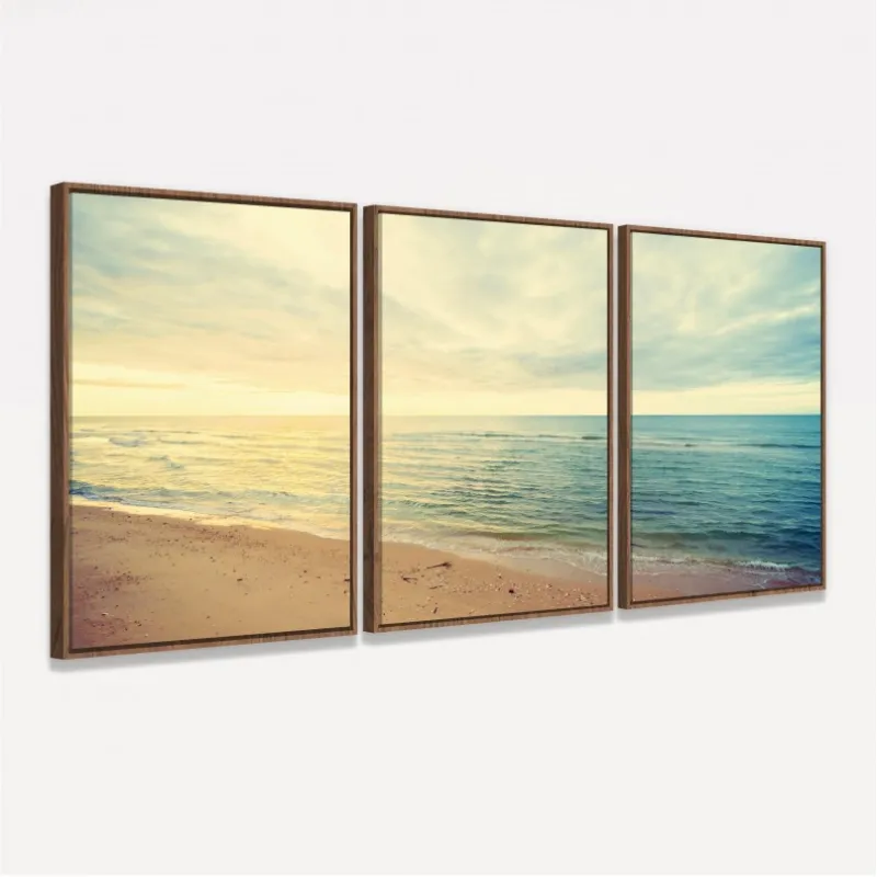 Quadro Praia Areia Mar Ao Nascer do Sol - 3 Peças