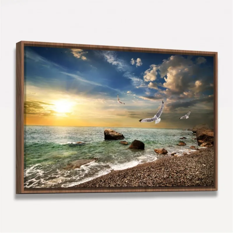 Quadro Praia Mar Pássaros ao Sol Radiante