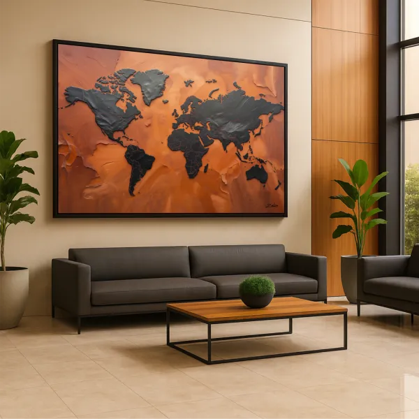 Quadro Mapa Mundi Terracota Vibrante E Grafite Metálico