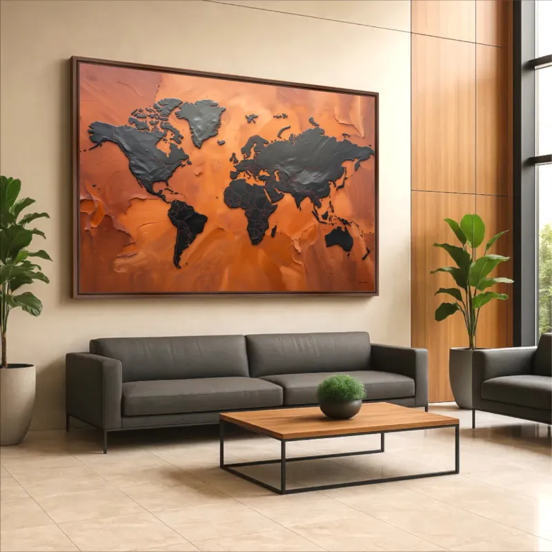 Quadro Mapa Mundi Terracota Vibrante E Grafite Metálico - Arte Exclusiva