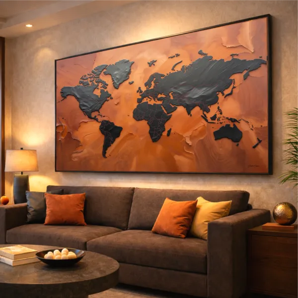 Quadro Mapa Mundi Terracota Vibrante E Grafite Metálico - Arte Exclusiva
