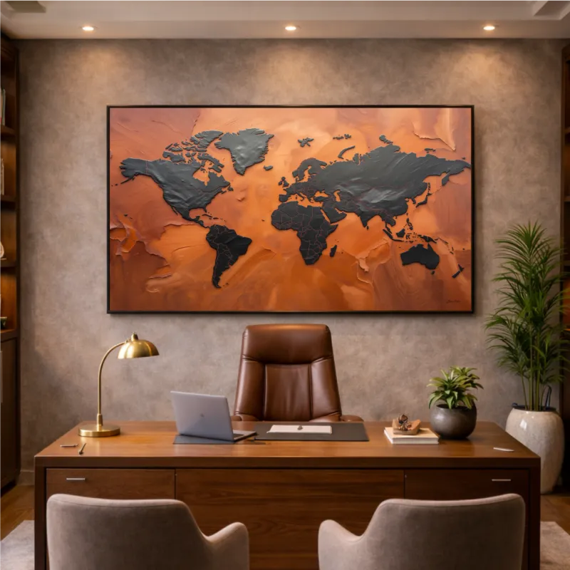 Quadro Mapa Mundi Terracota Vibrante E Grafite Metálico - Arte Exclusiva