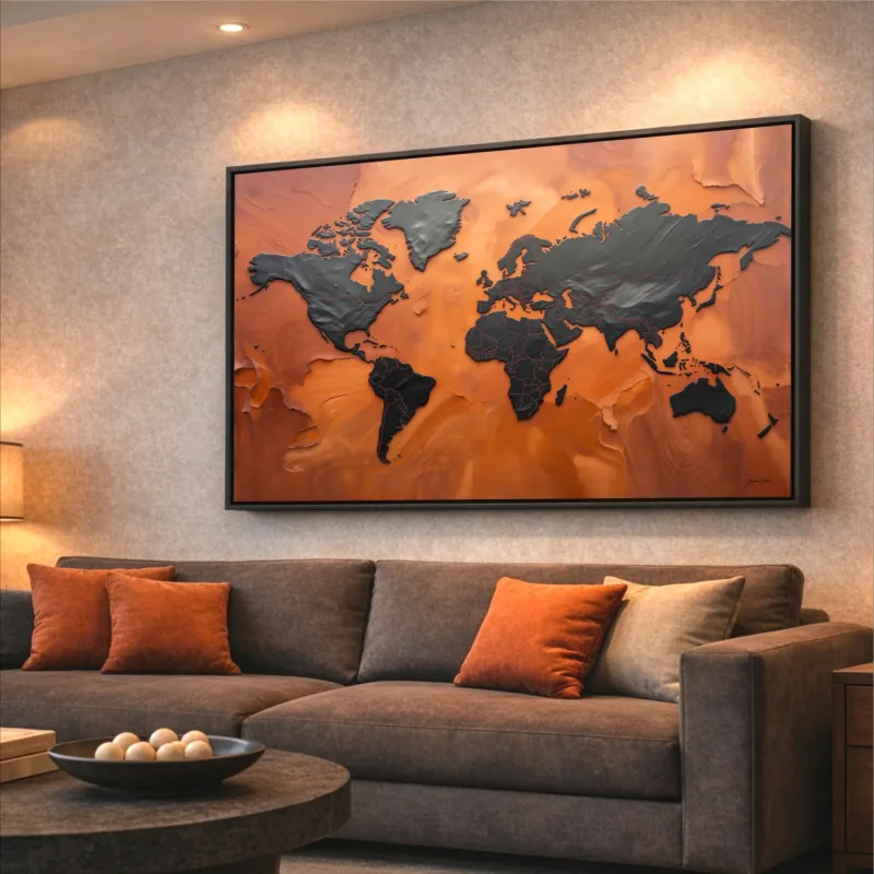 Quadro Mapa Mundi Terracota Vibrante E Grafite Metálico - Arte Exclusiva
