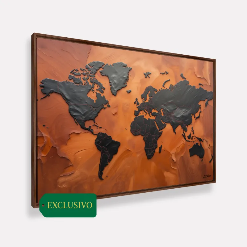 Quadro Mapa Mundi Terracota Vibrante E Grafite Metálico