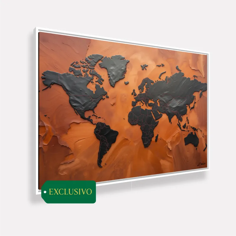 Quadro Mapa Mundi Terracota Vibrante E Grafite Metálico