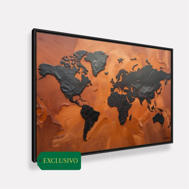 Quadro Mapa Mundi Terracota Vibrante E Grafite Metálico