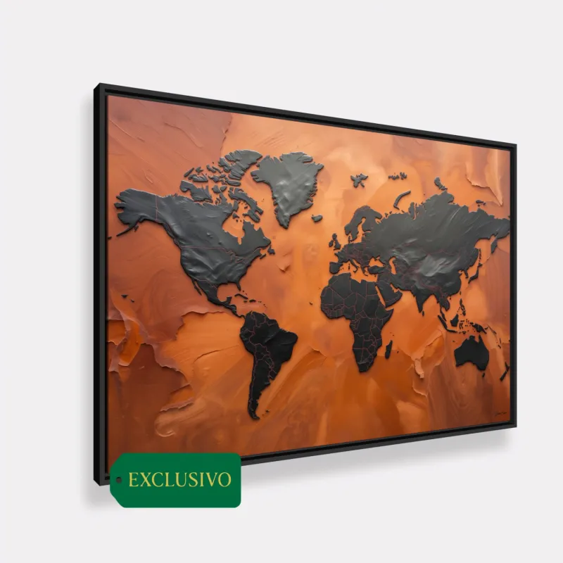Quadro Mapa Mundi Terracota Vibrante E Grafite Metálico - Arte Exclusiva