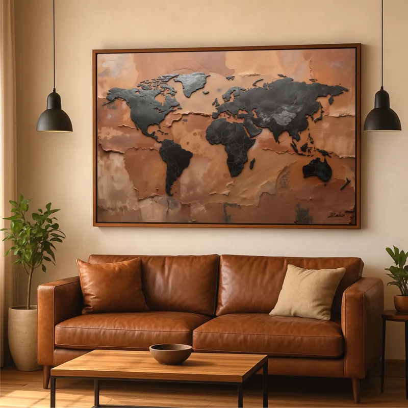 Quadro Mapa Mundi Terracota E Grafite Metálico