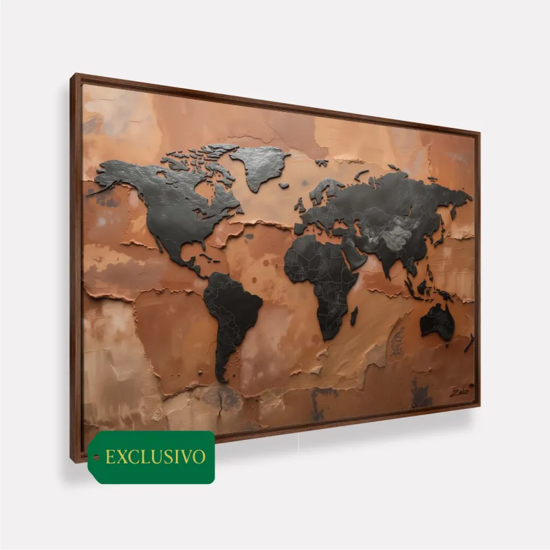 Quadro Mapa Mundi Terracota E Grafite Metálico