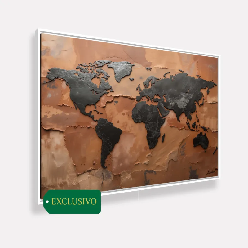 Quadro Mapa Mundi Terracota E Grafite Metálico