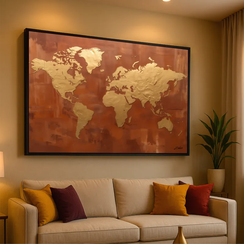 Quadro Mapa Mundi Dourado Sobre Terracota