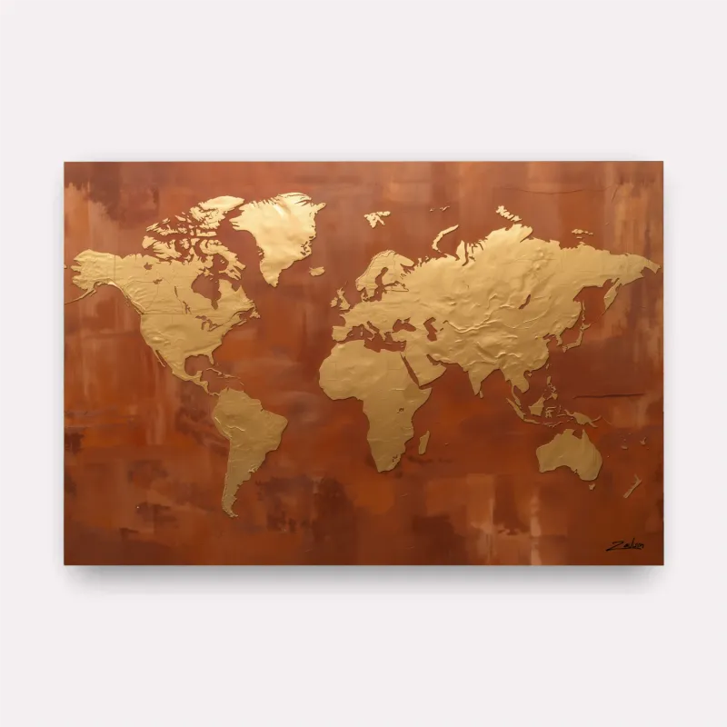Quadro Mapa Mundi Dourado Sobre Terracota