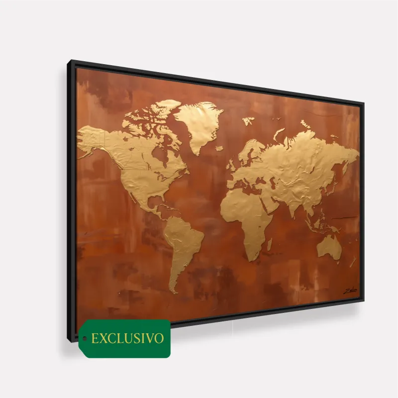 Quadro Mapa Mundi Dourado Sobre Terracota