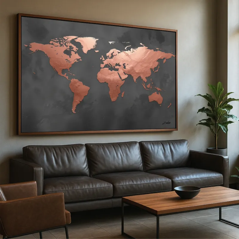 Quadro Mapa Mundi Ouro Rosé Em Grafite Moderno