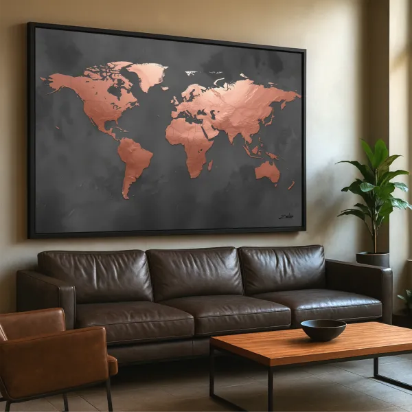 Quadro Mapa Mundi Ouro Rosé Em Grafite Moderno