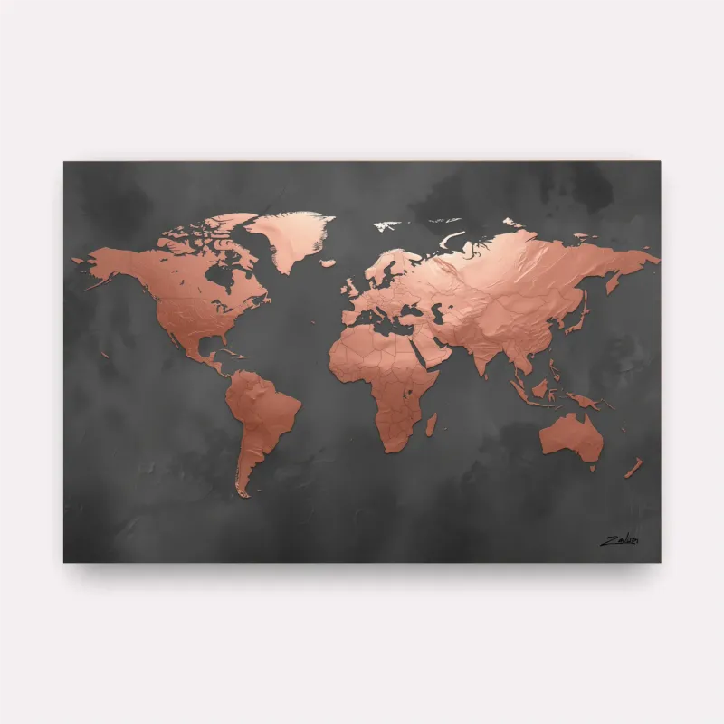 Quadro Mapa Mundi Ouro Rosé Em Grafite Moderno