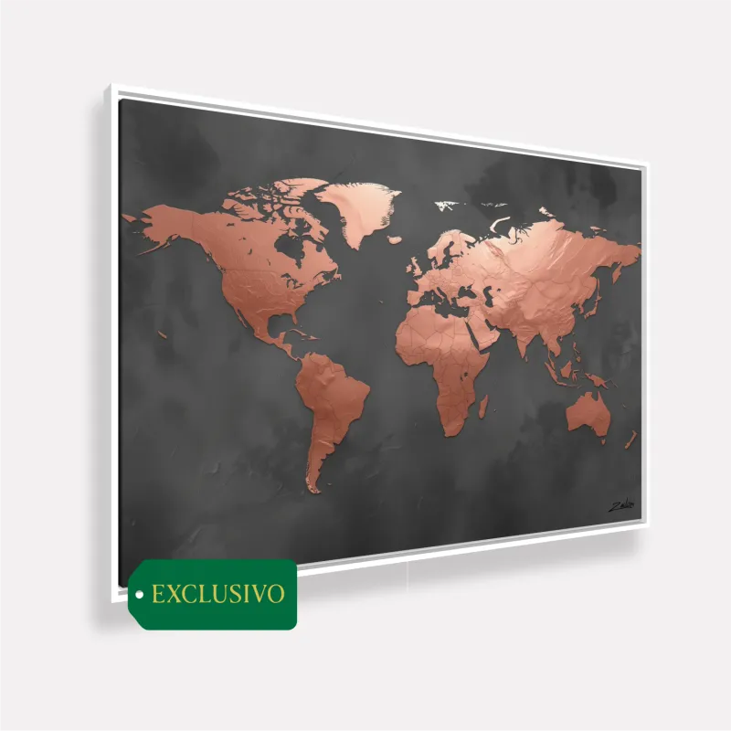 Quadro Mapa Mundi Ouro Rosé Em Grafite Moderno
