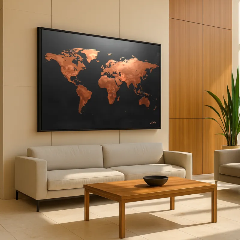 Quadro Mapa Mundi Moderno Preto Fosco E Cobre Envelhecido