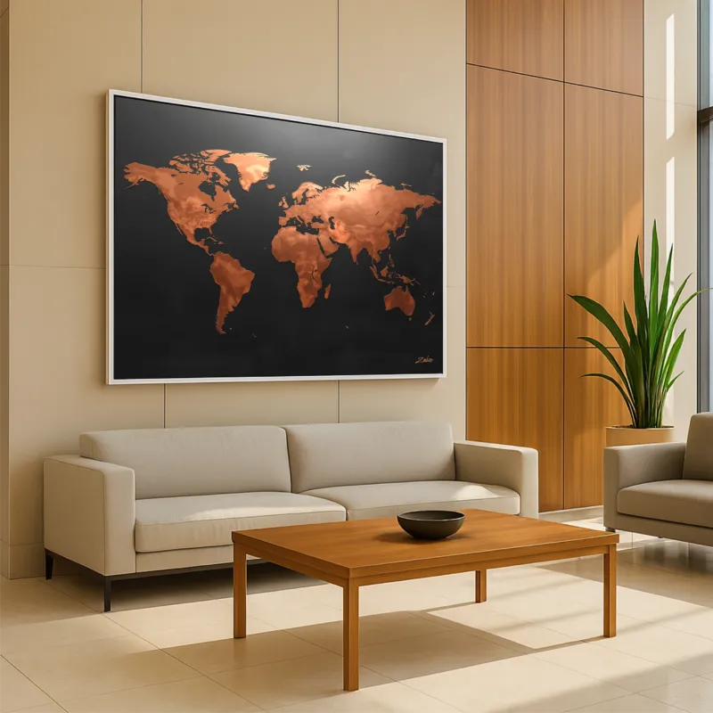 Quadro Mapa Mundi Moderno Preto Fosco E Cobre Envelhecido