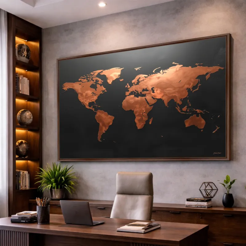 Quadro Mapa Mundi Moderno Preto Fosco E Cobre Envelhecido