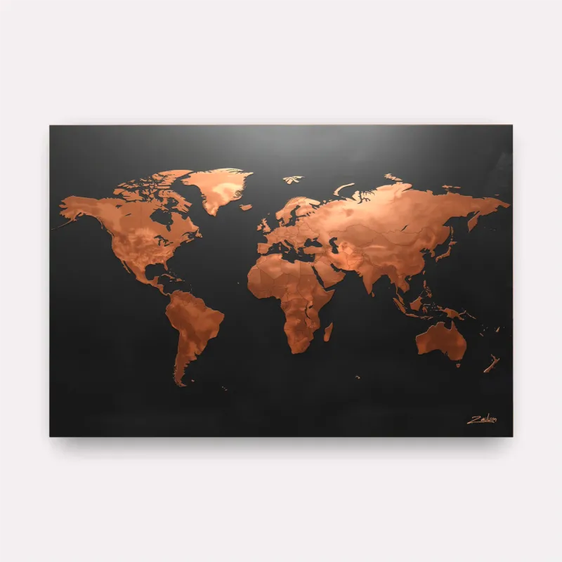 Quadro Mapa Mundi Moderno Preto Fosco E Cobre Envelhecido